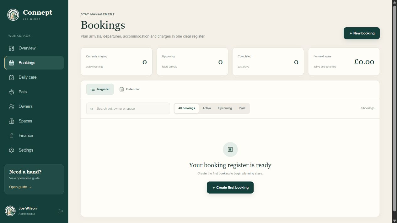 The real Connept Kennels bookings screen