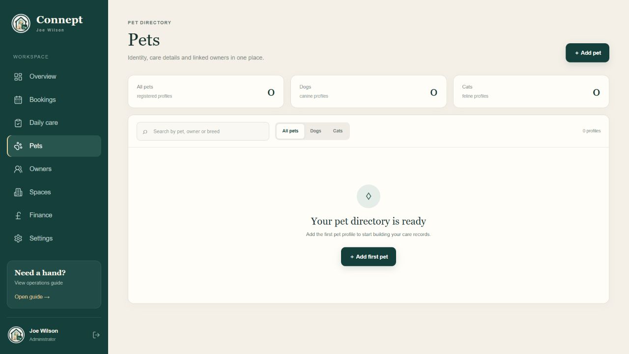 The real Connept Kennels pet records screen